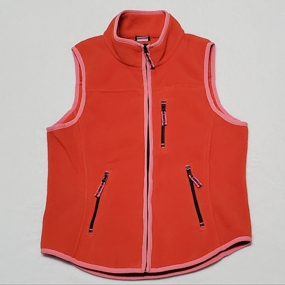 VINTAGE 80s J. Crew Neon Pink Orange Polartec Fleece Full-zip Mock Neck Vest - Picture 4 of 13